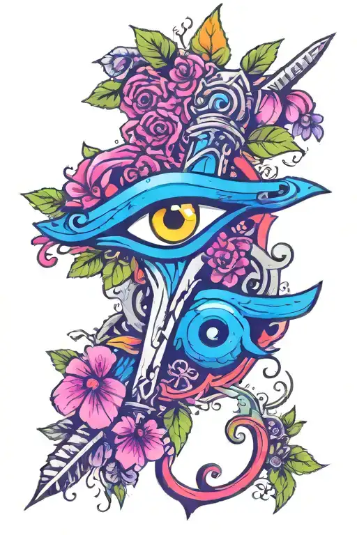 upside down sword, evil eye, flowers and leaves tattoo design idea