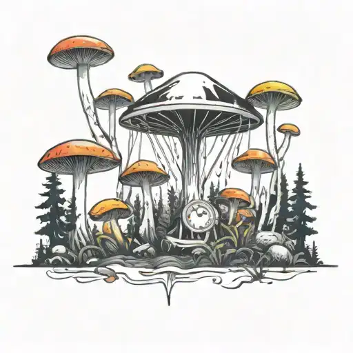 A disc golf basket surrounded by a forest of colorful mushrooms tattoo design idea