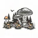 A disc golf basket surrounded by a forest of colorful mushrooms tattoo design idea