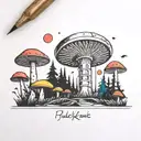 A disc golf basket surrounded by a forest of colorful mushrooms tattoo design idea