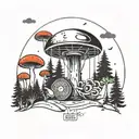 A disc golf basket surrounded by a forest of colorful mushrooms tattoo design idea