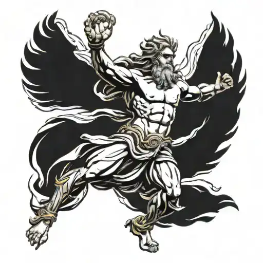 Create an image of Zeus, standing with a powerful and confident posture, with one hand raised holding the thunderbolt, with the background tattoo design idea