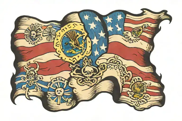 torn Mexican flag blends into american flag waving tattoo design idea