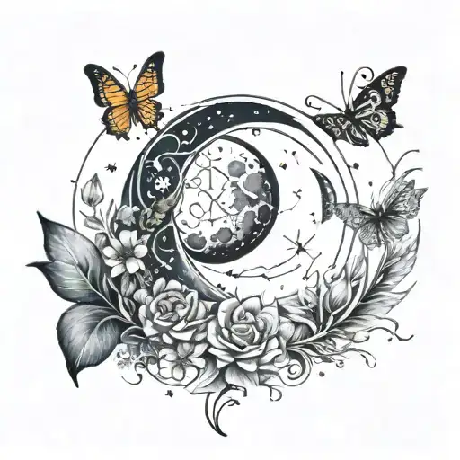 Down the spine showing the phases of the moon combined with butterflies, different flowers, nature, and the universe. tattoo design idea