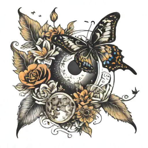 Down the spine showing the phases of the moon combined with butterflies, different flowers, nature, and the universe. tattoo design idea