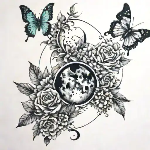 Spinal tattoo showing the phases of the moon combined with butterflies, different flowers, and nature tattoo design idea