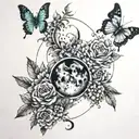 Spinal tattoo showing the phases of the moon combined with butterflies, different flowers, and nature tattoo design idea