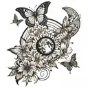 Spinal tattoo showing the phases of the moon combined with butterflies, different flowers, and nature tattoo design idea