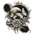 Spinal tattoo showing different phases of the moon combined with butterflies and different flowers tattoo design idea
