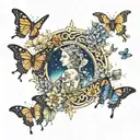 Down the spine showing the phases of the moon combined with butterflies, different flowers, nature, and the universe. tattoo design idea