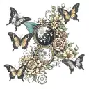 Down the spine showing the phases of the moon combined with butterflies, different flowers, nature, and the universe. tattoo design idea