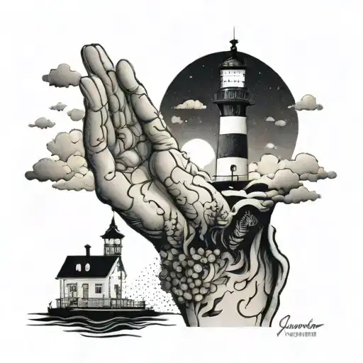 world in hands and light house and clouds tattoo design idea