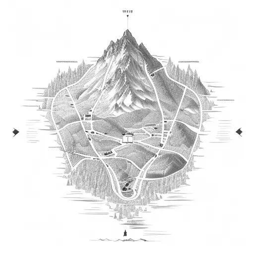 A detailed map of a hiking trail, with musical notes and gym equipment hidden within the paths, representing the client's diverse interests tattoo design idea