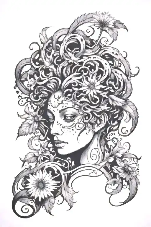 Medusa head hidden semi colon and dandelion incorporated  tattoo design idea