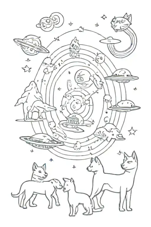 A cosmic scene with aliens interacting with dogs and cats in a psychedelic universe tattoo design idea