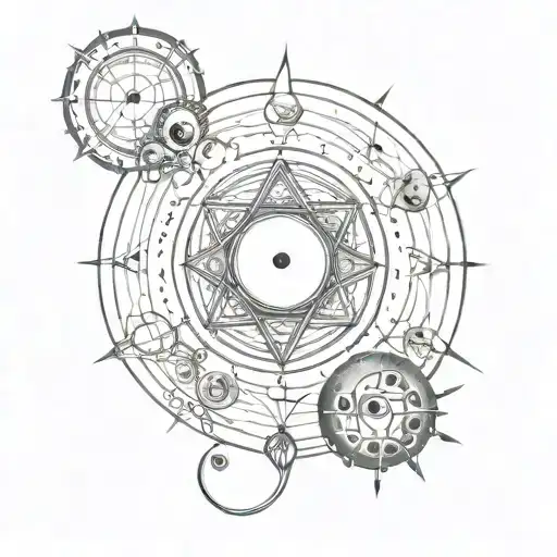 A cosmic tattoo design inspired by quantum physics theories, incorporating elements of the quantum universe and philosophical symbols tattoo design idea