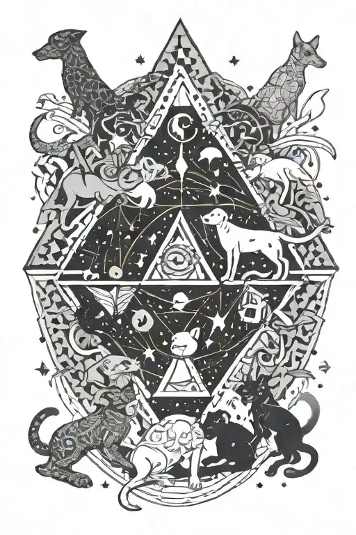 A cosmic scene with aliens interacting with dogs and cats in a psychedelic universe tattoo design idea