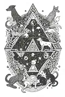 A cosmic scene with aliens interacting with dogs and cats in a psychedelic universe tattoo design idea
