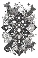 A cosmic scene with aliens interacting with dogs and cats in a psychedelic universe tattoo design idea