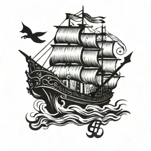 A pirate ship sailing through a sea of musical notes tattoo design idea