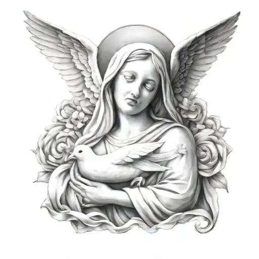 mother mary 2 doves plus a wave underneath tattoo design idea
