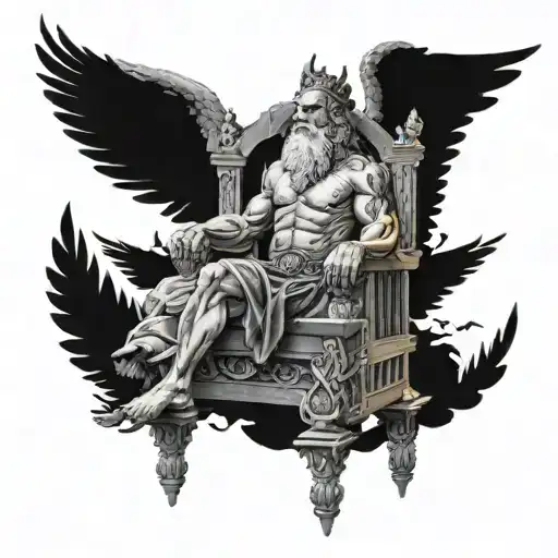 A detailed black-grey tattoo of Zeus sitting on his throne, surrounded by lightning bolts and eagles, showcasing his authority over the gods and mortals alike tattoo design idea