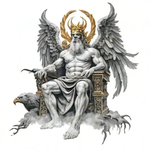 A detailed black-grey tattoo of Zeus sitting on his throne, surrounded by lightning bolts and eagles, showcasing his authority over the gods and mortals alike tattoo design idea