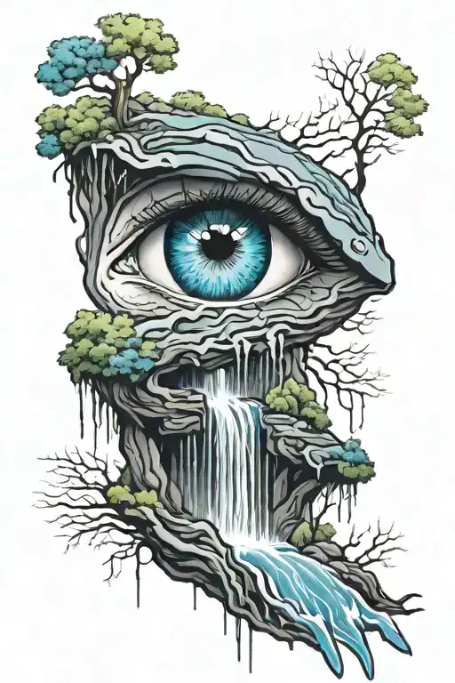 Blue Eye crying into a waterfall with trees on each side. The water rocks will have a stairway from top to bottom. The t tattoo design idea