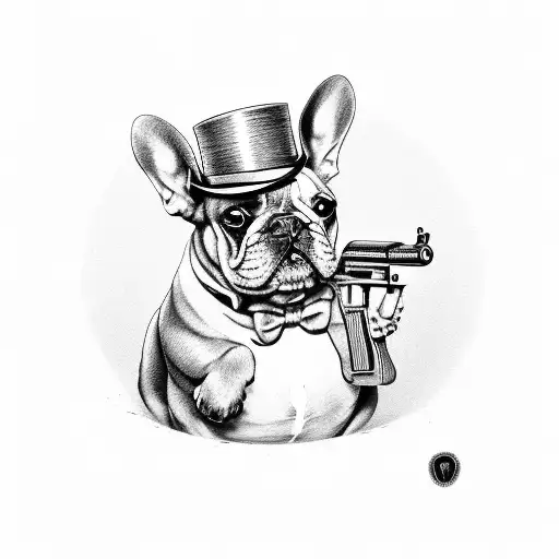 french bulldog in a top hat with a gun tattoo design idea
