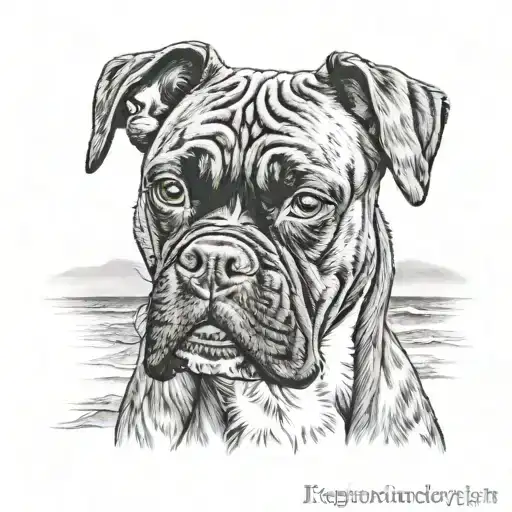 Realistic portrait of a boxer dog with a beach background tattoo design idea