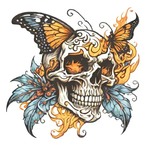 Skull with a butterfly made of fire over the eye tattoo design idea