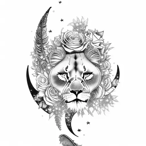 crescent moon with lioness and cluster of softly glowing stars, feather quill pen, blooming flowers Lilies and roses tattoo design idea