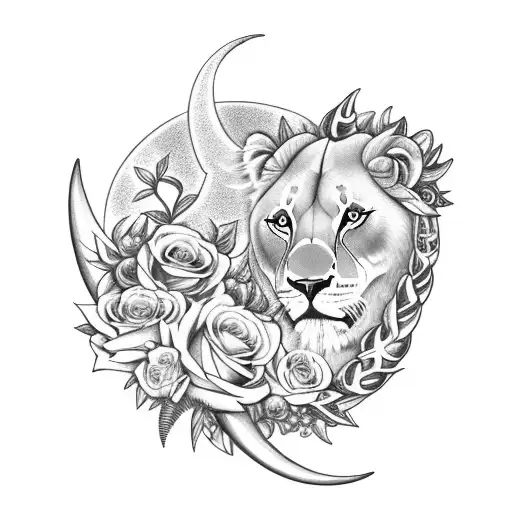 crescent moon with lioness and cluster of softly glowing stars, feather quill pen, blooming flowers Lilies and roses tattoo design idea