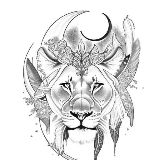 crescent moon lioness and cluster of softly glowing stars, feather quill pen, Lilies tattoo design idea