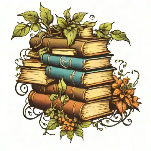 stack of books with plants and hanging vines tattoo design idea