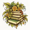 stack of books with plants and hanging vines tattoo design idea