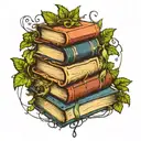 stack of books with plants and hanging vines tattoo design idea