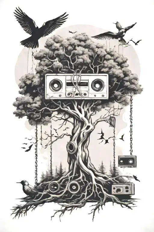 cassette, roots shaped like, tree, birds flying away, Boy on a swing tattoo design idea
