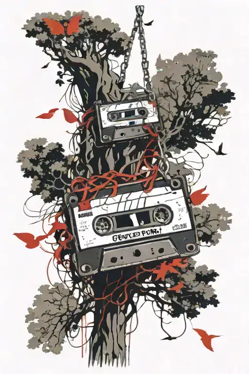 cassette tape woven to roots that gets into a tree where a boy sits on a swing from the crown birds are flying away tattoo design idea