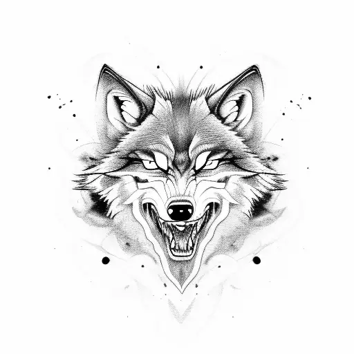an angry wolf with smoke coming from it looks into the soul with empty eyes, many lines in the background tattoo design idea