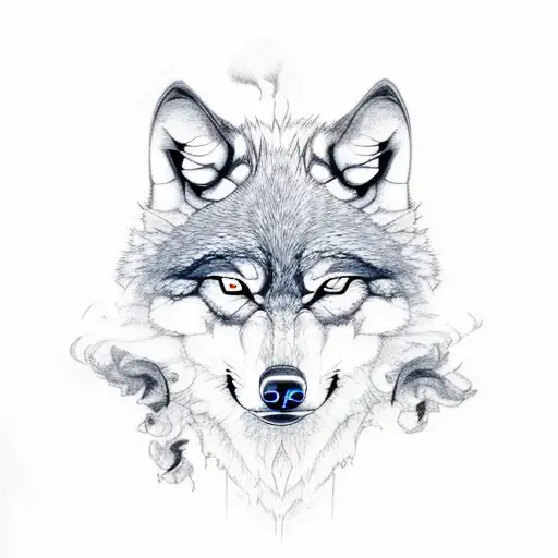 an angry wolf with smoke coming from it looks into the soul with empty eyes, many lines in the background tattoo design idea