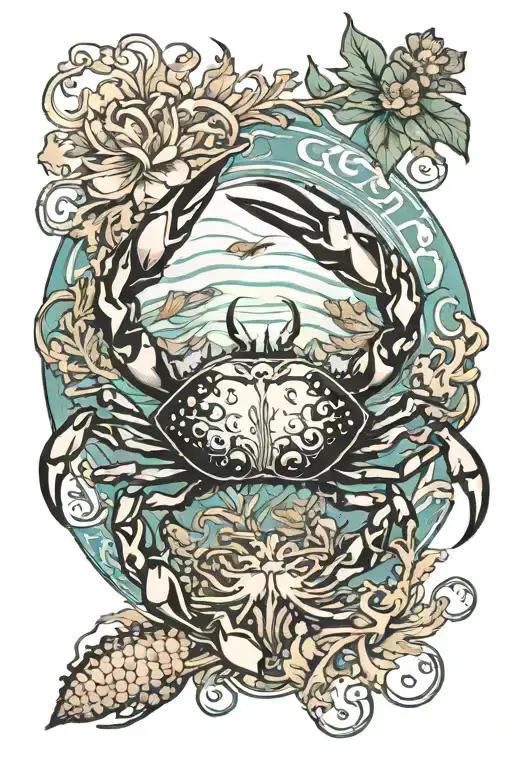 Crab in the center with seaweed and ocean scene featuring tattoo design idea
