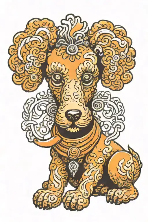orange poodle with foo dog traits  tattoo design idea