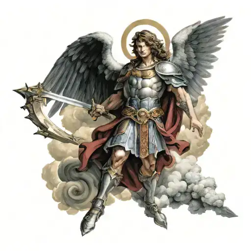 saint Micheal The Archangel fighting Lucifer with halo, clouds, and a sword with demons in the background  tattoo design idea