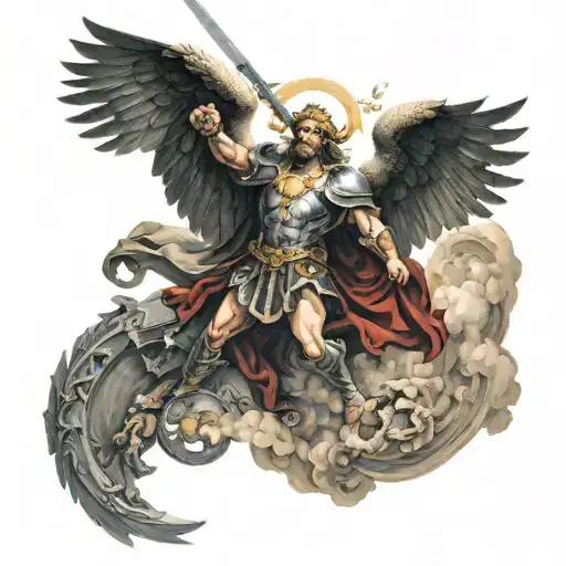Saint Micheal the arch defeating Lucifer with sword a halo and other demons with cloud background  tattoo design idea