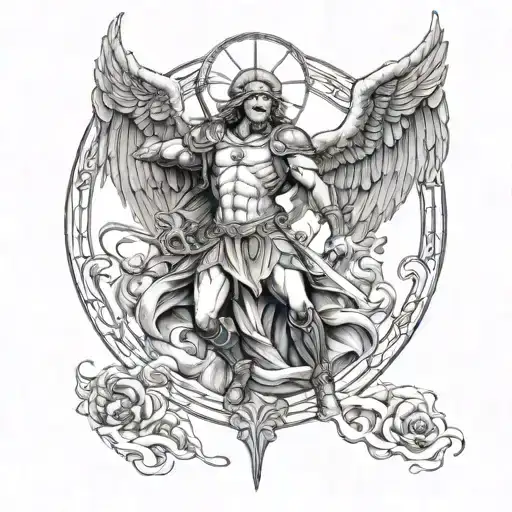 Saint Micheal the arch angel defeating and standing on satin with sword a halo and other demons tattoo design idea