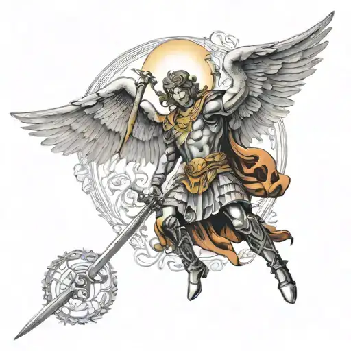 Saint Micheal the arch angel defeating and standing on satin with sword a halo and other demons tattoo design idea