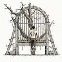 a man goes crazy, view through the bars, next to a tree with a hanged man, graves all around, all this is happening in hell tattoo design idea