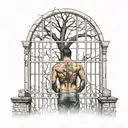 a man goes crazy, view through the bars, next to a tree with a hanged man, graves all around, all this is happening in hell tattoo design idea