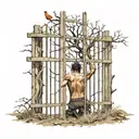 a man goes crazy, view through the bars, next to a tree with a hanged man, graves all around, all this is happening in hell tattoo design idea